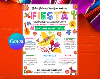 Mexican Fiesta Teacher Appreciation Itinerary Flyer (Canva Template - Digital Printable)