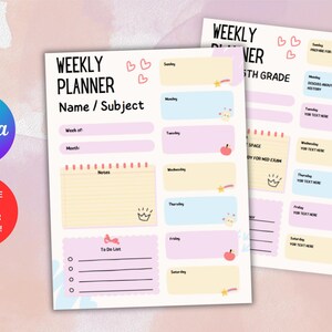 Op de afbeelding: Een printbare weekplanner voor de vijfde klas met een roze, blauwe en gele kleurschema. De planner bevat ruimte voor dagelijkse taken, notities en een to-do-lijst. Hij heeft schattige illustraties van kronen, sterren en appels.