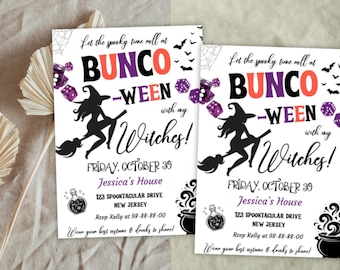 May include: Two Halloween-themed invitations with the text "Bunco-Ween with my Witches!" featuring a witch silhouette on a broom, dice, and bats. The invitations include event details like the date, time, and location.