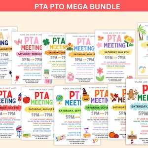 May include: A collection of twelve printable PTA meeting flyers featuring seasonal themes for each month of the year. Each flyer includes the text PTA MEETING, date, time, location, and contact details, decorated with colorful illustrations.