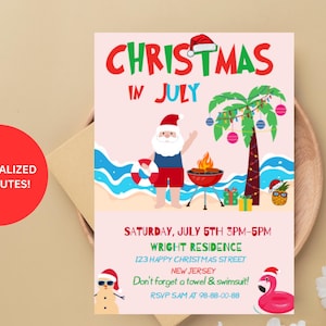 Editable Christmas in July Invitation,Santa BBQ Flamingo Beach Summer Party Invite Template Digital Printable