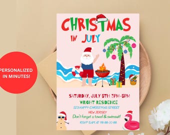 Uitnodiging Kerstmis in juli, Santa BBQ Flamingo Beach Summer Party uitnodiging sjabloon digitaal afdrukbaar