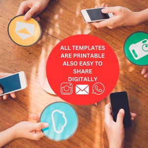 Peut inclure: Une table en bois avec des mains tenant des smartphones et des dessous de verre ronds. Les dessous de verre sont jaunes, verts et bleus, chacun avec une ic&ocirc;ne blanche. Un cercle rouge au centre porte le texte : "TOUS LES MOD&Egrave;LES SONT IMPRIMABLES ET FACILES &Agrave; PARTAGER NUM&Eacute;RIQUEMENT."