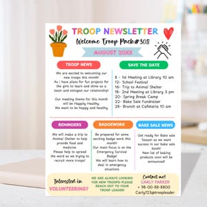 Plantilla de boletín informativo de tropa Scout, plantilla imprimible en Canva para evento de comunicación con padres de la escuela: editable digitalmente: ¡descarga instantánea ahora!