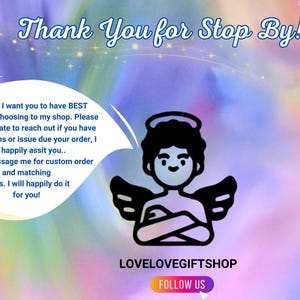 Peut inclure: Graphique color&eacute; avec le texte "Thank You for Stop By!" et un ange de dessin anim&eacute;. L'image comprend une bulle de dialogue avec un message sur le service client et les commandes personnalis&eacute;es. Le nom de la boutique "LOVELOVEGIFTSHOP" est &eacute;galement affich&eacute;.