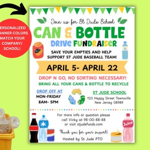 Plantilla editable de volante para recaudar fondos para la recolección de latas y botellas, evento de reciclaje comunitario para escuelas, iglesias y deportes de equipo. Imprimible digitalmente para eventos benéficos.