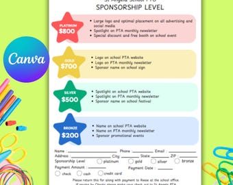 PTO PTA Sponsorship Levels Form Template,School pta pto flyer, Canva Template- Digital Printable Editable Canva Template
