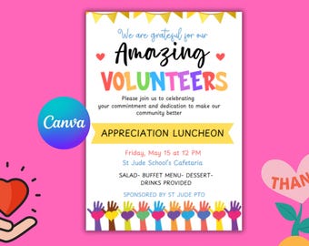 May include: A colorful invitation to an appreciation luncheon for volunteers. The invitation features the text "We are grateful for our Amazing Volunteers" and "Appreciation Luncheon". The event is scheduled for Friday, May 15 at 12 PM at St. Jude School's Cafeteria. The invitation also includes a buffet menu and is sponsored by St. Jude PTO.