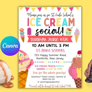 Editable Ice Cream Social Flyer Template: School PTA Fundraiser (Canva)