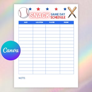 Baseball Snack Schedule Sign Up Sheet Canva Template - Team Snack Game Day-Editable Printable-Instant Download Now!