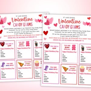 Puede incluir: Dos Candy Grams de San Valentín con corazones rosas y texto. Los gramos incluyen frases como "You are a Gem!" y "You stole a pizza my heart!" para que los estudiantes las envíen.