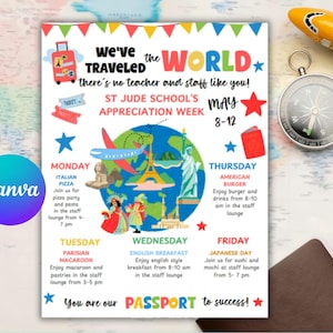 Travel the World Teacher Appreciation,Travel International Itinerary Week Schedule Events- Digital Printable Editable Canva Template