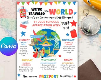Bereisen Sie die Welt Lehrer Wertschätzung, Travel International Reiseplan Woche Kalender Ereignisse - Digital druckbare bearbeitbare Canva Vorlage