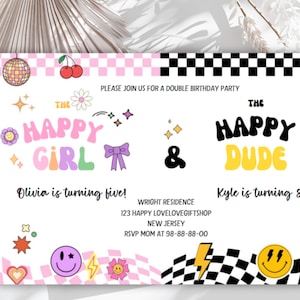 Boy Girl Groovy Birthday Invitation, Sibling Birthday Invite, Joint Birthday Party, Double Birthday Invite, Retro Groovy Smiley Checker