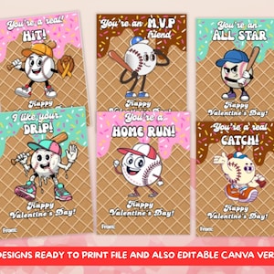 Puede incluir: Seis tarjetas de San Valentín con ilustraciones temáticas de béisbol. Cada tarjeta presenta un personaje de béisbol con frases como "You're a real HIT!" y "Happy Valentine's Day!". Las tarjetas tienen un fondo de cono de waffle con goteos y chispas coloridas.