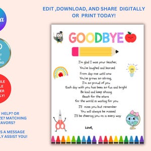 Peut inclure: Une carte num&eacute;rique imprimable de Goodbye avec des illustrations de crayon, de pomme et d'arc-en-ciel. La carte comprend un po&egrave;me pour un enseignant, avec le texte "I'm glad I was your teacher." La carte est conviviale pour les d&eacute;butants.