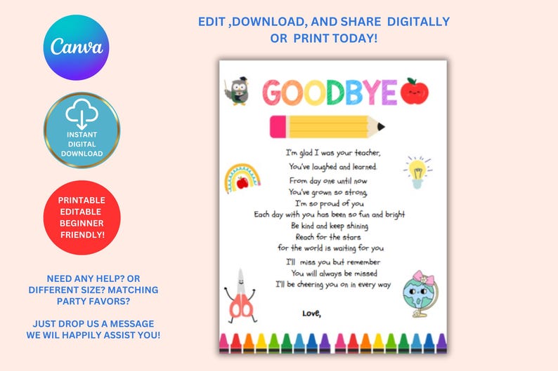 Peut inclure: Une carte num&eacute;rique imprimable de Goodbye avec des illustrations de crayon, de pomme et d'arc-en-ciel. La carte comprend un po&egrave;me pour un enseignant, avec le texte "I'm glad I was your teacher." La carte est conviviale pour les d&eacute;butants.