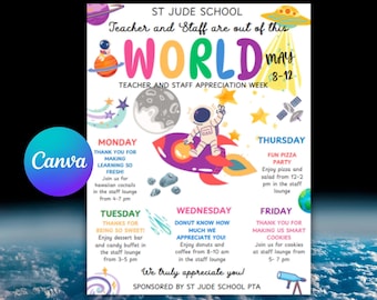 Outer Space Teacher Appreciation Flyer: Itinerary Poster Canva Template (Digital Printable)
