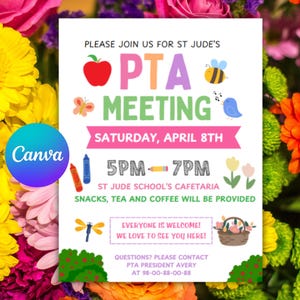 Spring PTA Meeting Flyer Invitation Template, PTO PTA School Poster,Canva Template, Digital Printable
