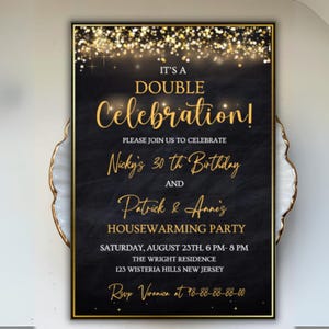 Op de afbeelding: Een zwart en gouden uitnodiging voor een dubbele viering, met de tekst "It's a Double Celebration!" in gouden letters. De uitnodiging is voor Nicky's 30e verjaardag en Patrick & Annie's housewarming party. De evenementdetails staan hieronder.