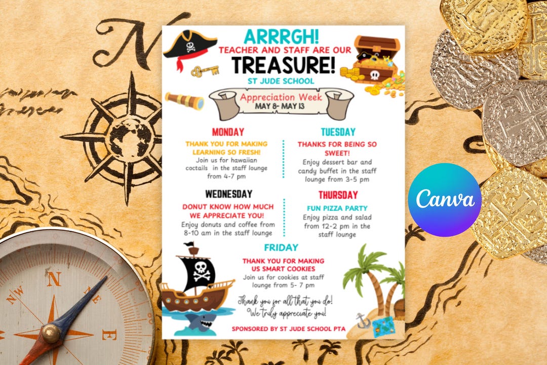 Editable Pirate Teacher Appreciation Week Flyer Template,itinerary ...