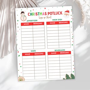 Peut inclure: Une feuille d'inscription pour un repas de Noël avec du texte rouge et vert, illustrée d'un bonhomme de neige et du Père Noël. Le document comporte des sections pour les entrées, plats, accompagnements et boissons avec nom et apport.