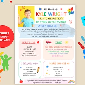 Editable All About Me Child Info Template: Special Needs Communication Digital Printable