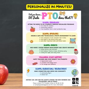 以下が含まれることがあります： リンゴ、カボチャ、地球儀などのテキストとイラストが描かれた、カラフルなPTOフライヤー。 フライヤーには、学校のプログラム、アップグレード、イベント、教師のサポート、マーケティングイニシアチブが記載されています。 鉛筆、本、リンゴが前景にあります。