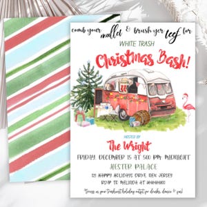 May include: Watercolor invitation for a "White Trash Christmas Bash!" featuring a red and white camper illustration, Christmas tree, and flamingo. The invitation includes event details and a striped envelope.