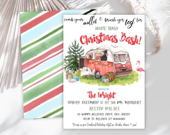 May include: Watercolor invitation for a "White Trash Christmas Bash!" featuring a red and white camper illustration, Christmas tree, and flamingo. The invitation includes event details and a striped envelope.