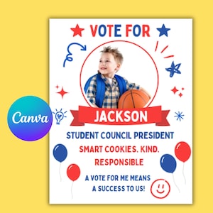 Class President Boy Red Blue Elections Flyer Template, Kids Student Election Vote Poster School Campaign,Printable Editable Canva Template