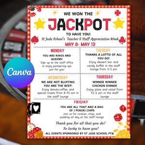 Könnte beinhalten: Ein rotes und weißes Plakat mit einem Casino-Thema kündigt eine Lehrer- und Mitarbeiter-Wertschätzungs-Woche an der St. Jude School an. Das Plakat zeigt ein rotes und weißes Jackpot-Schild mit goldenen Sternen und ein rotes und weißes Roulette-Rad. Das Plakat listet die Veranstaltungen für jeden Tag der Woche auf, darunter einen Wellness-Tag, eine Dessertbar, ein Hähnchen-Dinner und eine Poker-Chip-Party.
