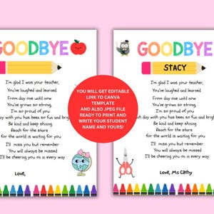 Peut inclure: Deux cartes de d&eacute;part imprimables avec le mot "GOODBYE" en lettres color&eacute;es, un crayon et un po&egrave;me. Une carte porte le nom de "STACY". Les cartes ont des illustrations de hibou, pomme, arc-en-ciel, globe et ciseaux.