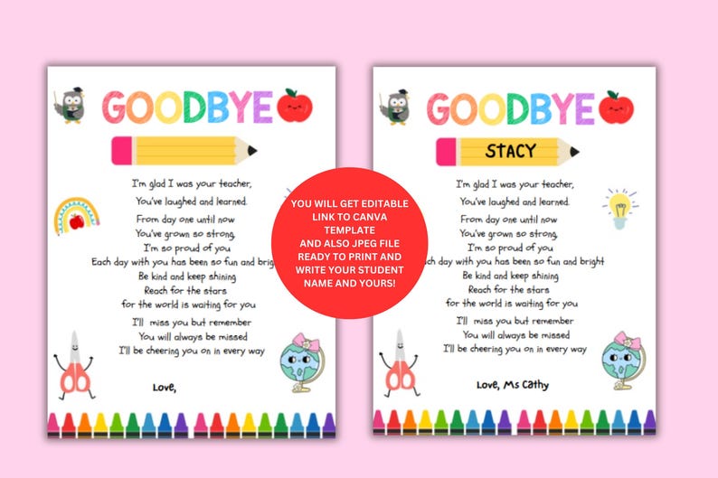 Peut inclure: Deux cartes de d&eacute;part imprimables avec le mot "GOODBYE" en lettres color&eacute;es, un crayon et un po&egrave;me. Une carte porte le nom de "STACY". Les cartes ont des illustrations de hibou, pomme, arc-en-ciel, globe et ciseaux.