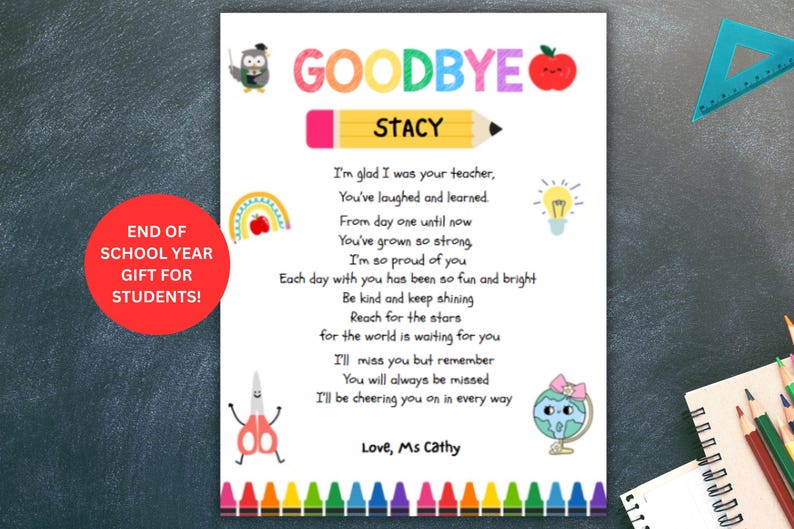 goodbye letter from teacher,thank you letter from teacher,poem from teacher,goodbye letter preschool,end of school year gift for kids,end of school year letter,kindergarten graduation, pre k goodbye