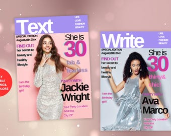 Editable 30th Birthday Magazine Cover Template- Thirty Photo Invite for Women-DIY Canva Instant Download Now!