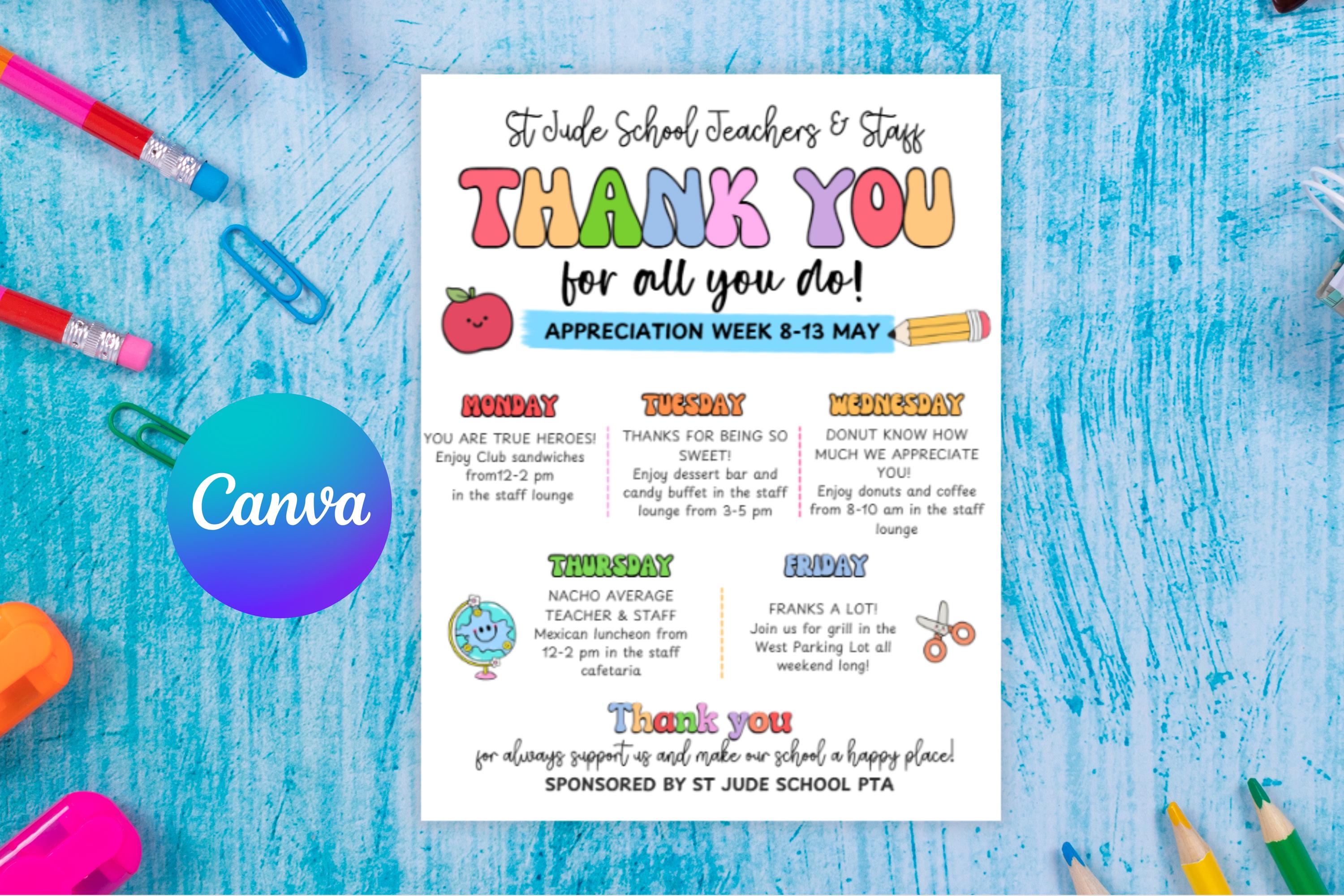 Printable Teacher Appreciation Week Itinerary Flyer Template , Editable ...