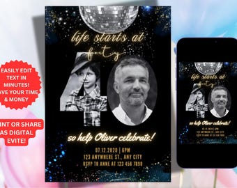 Elegant 40th Birthday Invitation Template, Photo Invite (Digital Download)