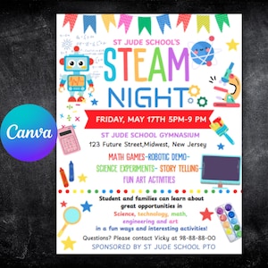 Family Steam Night Flyer, School PTA PTO Flyer, Community Church Fundraiser, Math Science Tech School Event Poster,Canva Template