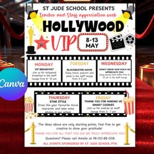 Editable Teacher Appreciation Week Flyer Hollywood Movie VIP Theme Canva Template- Digital Printable