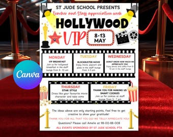 Bearbeitbarer Lehrer Anerkennung Woche Flyer Hollywood Film VIP Theme Canva Vorlage - Digital Printable