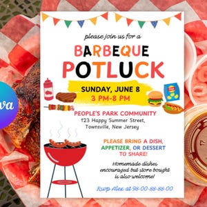 May include: A barbecue potluck invitation with colorful text and illustrations of food items like burgers and hot dogs. The event is on Sunday, June 8th, from 3 PM to 8 PM at People's Park Community.