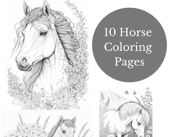 10 Horse Coloring Pages - PDF Download - High Quality Realistic Fantasy Horses Grayscale Coloring - DIY Printable