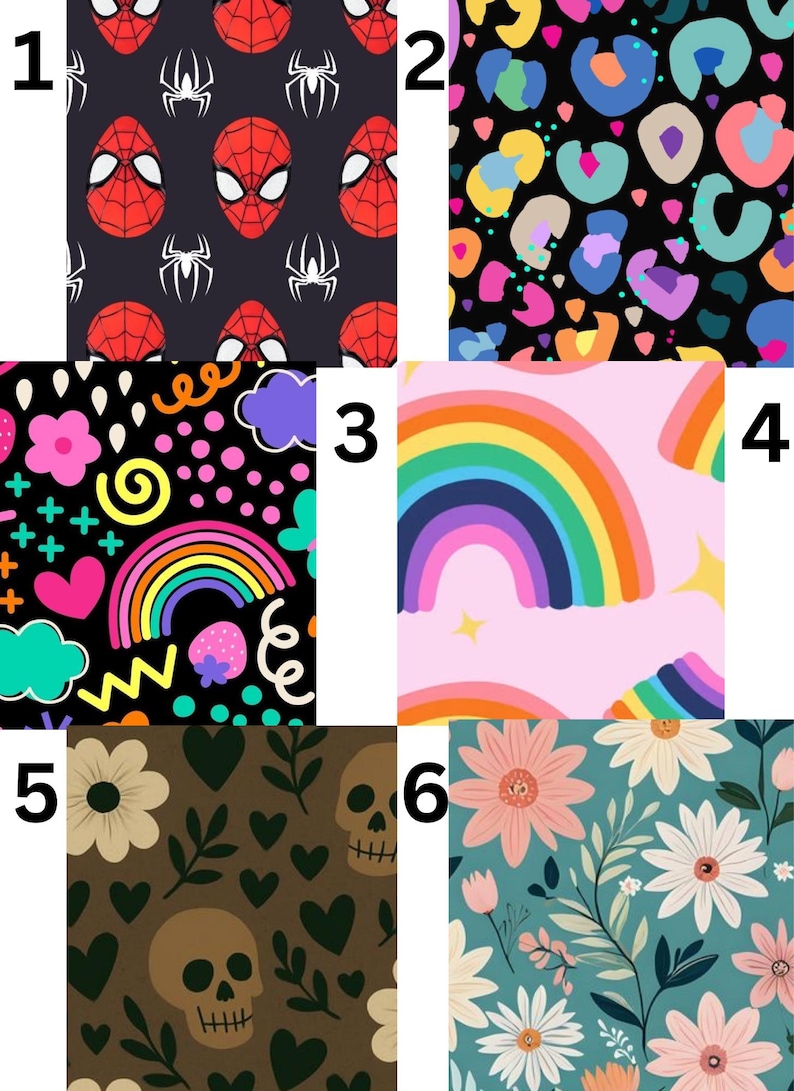 Pu&ograve; includere: Una collezione di sei modelli di tessuto. Il primo presenta volti di Spider-Man e simboli di ragno su sfondo scuro. Il secondo ha macchie di leopardo colorate. Il terzo ha un arcobaleno e altre forme stravaganti. Il quarto ha arcobaleni su sfondo rosa. Il quinto ha teschi e fiori. Il sesto ha motivi floreali.