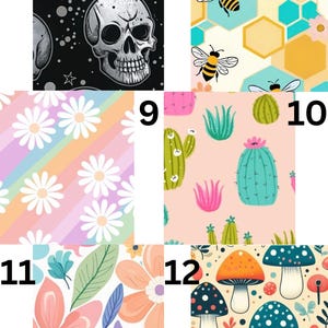 Pu&ograve; includere: Un collage di motivi colorati. Uno presenta teschi su sfondo nero. Un altro mostra api e fiori su sfondo giallo e bianco. Altri motivi includono margherite, cactus, fiori e funghi.