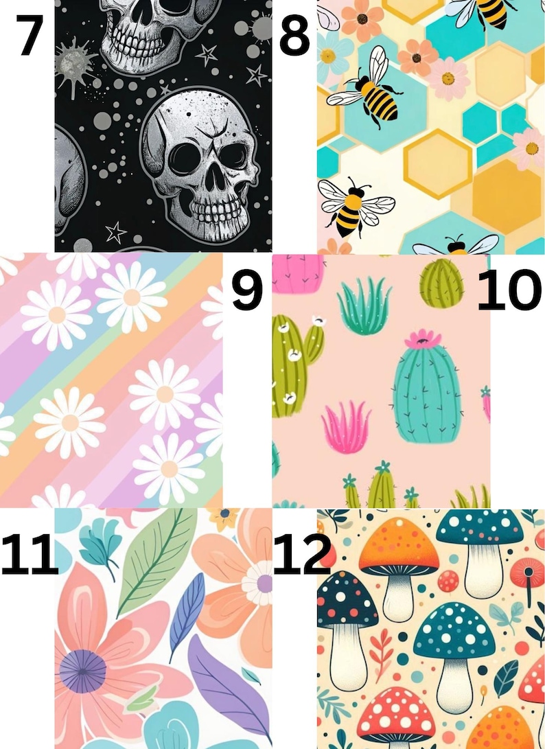 Pu&ograve; includere: Un collage di motivi colorati. Uno presenta teschi su sfondo nero. Un altro mostra api e fiori su sfondo giallo e bianco. Altri motivi includono margherite, cactus, fiori e funghi.