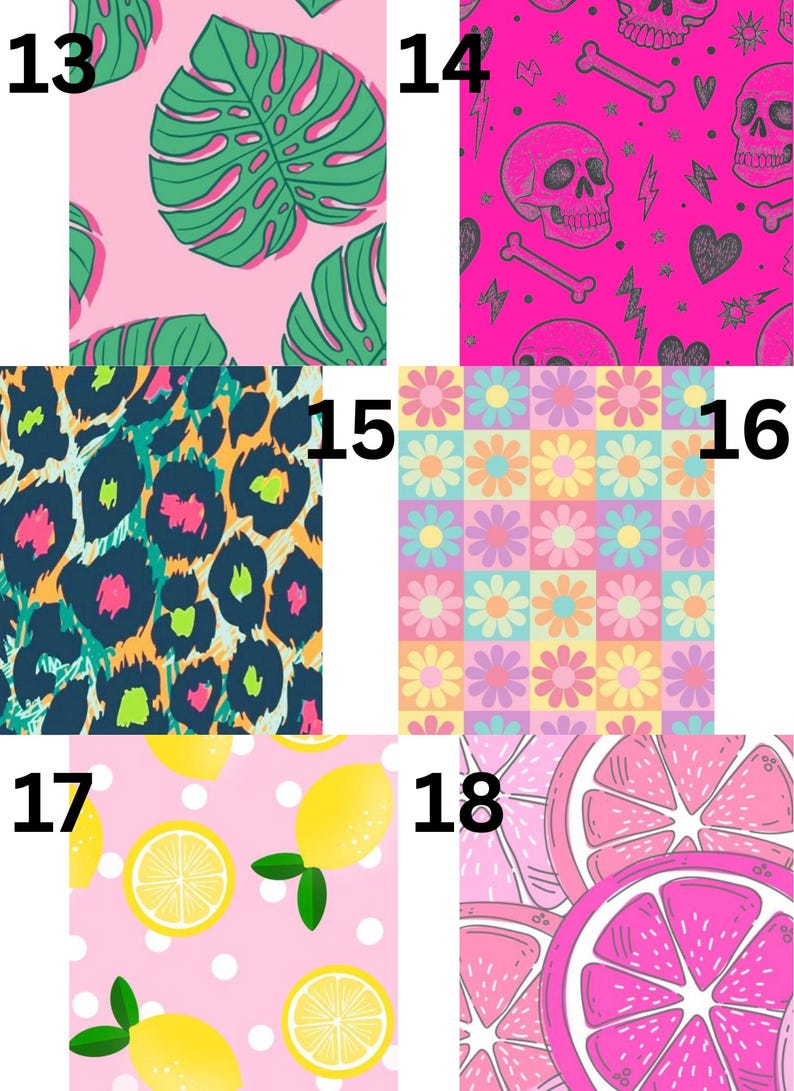 Pu&ograve; includere: Una collezione di motivi colorati, tra cui uno sfondo rosa con foglie di monstera verdi, uno sfondo rosa acceso con teschi e ossa e un motivo leopardato in blu, rosa e giallo.