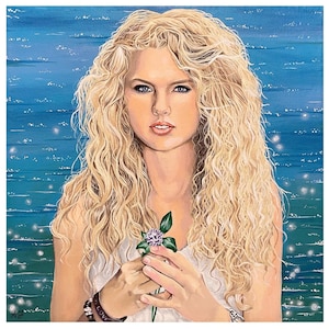 May include: A painting of a woman with long, blonde, curly hair. She is wearing a white shirt and holding a small purple flower. The background is a blue and green watercolor wash.
