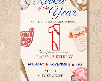 Rookie of the Year honkbal 1e verjaardagsuitnodiging (bewerkbare sjabloon, digitale download)