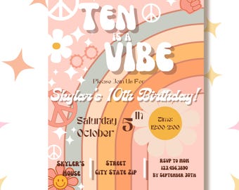 Verjaardagsuitnodiging Groovy Ten is a Vibe: retro jaren 60-feest (digitale download)